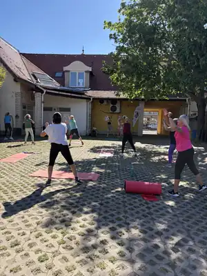 Szabadtéri edzés az udvaron: felsőtest-erősítés Kittivel
