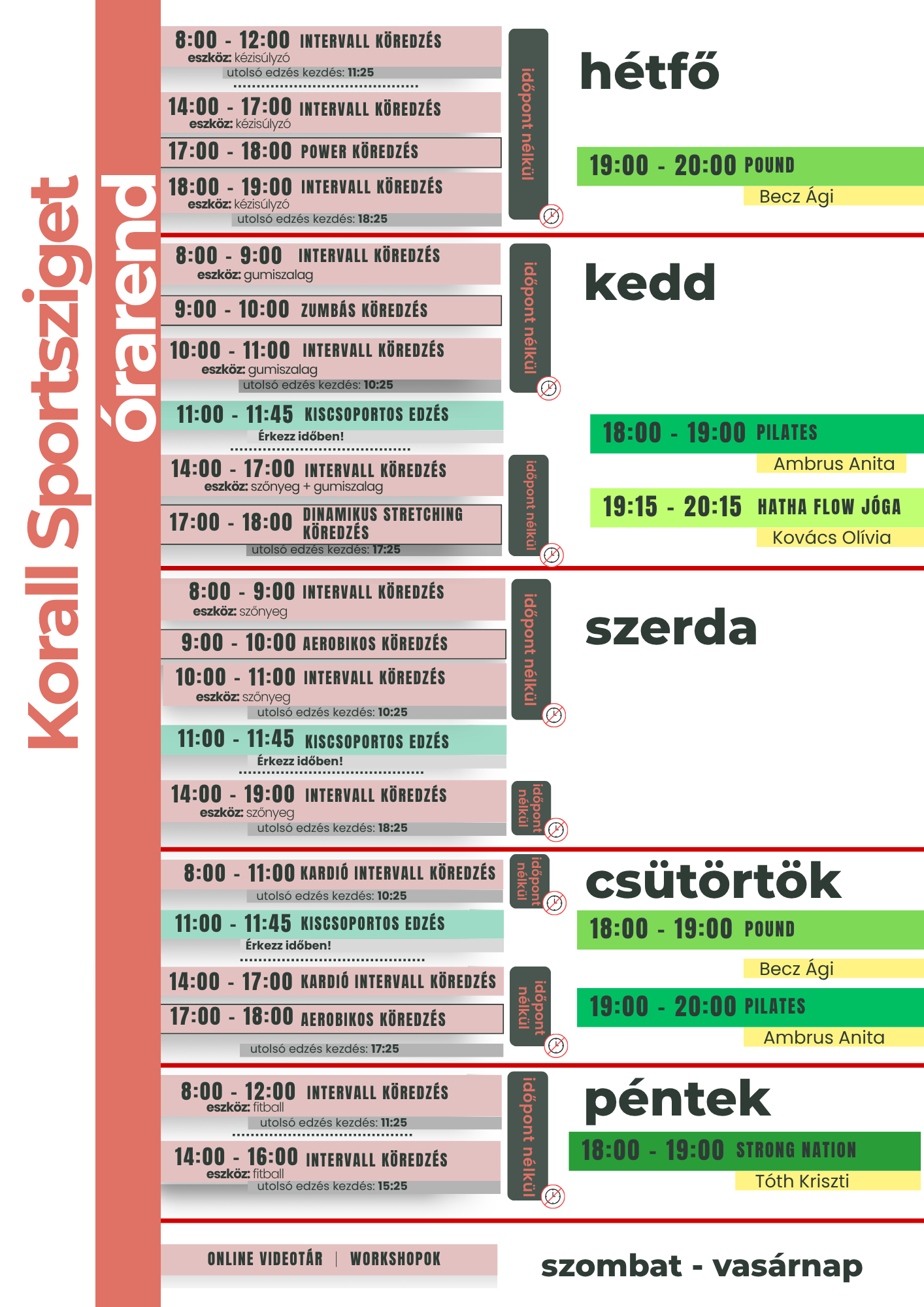Korall sportsziget órarend 2026.07.01-től (nyári)